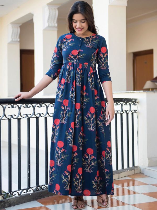 Blue Floral Printed Readymade Womens Gown