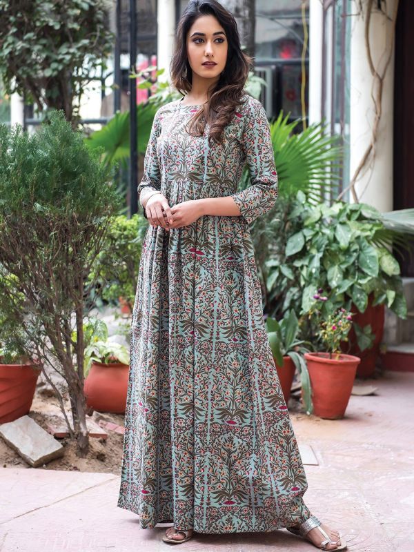 Green Full Length Womens Gown In Floral Print