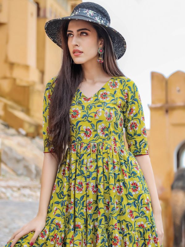 Green Floral Block Printed Indowestern Dress In Cotton