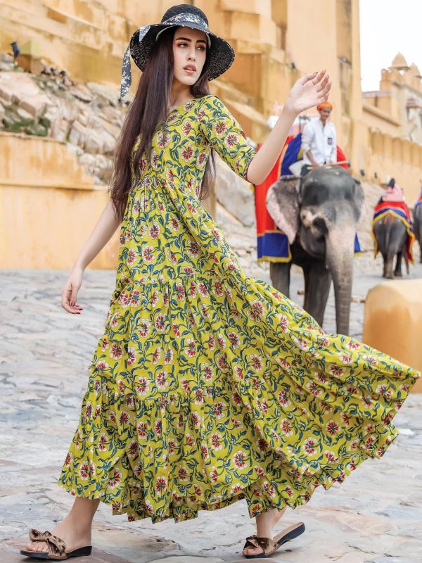 Green Floral Block Printed Indowestern Dress In Cotton