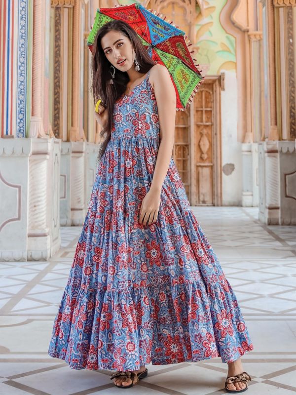 Sky Blue Cotton Womens Indowestern Dress In Print