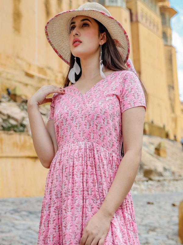 Pink Digitally Printed Womens Indowestern Gown In Cotton