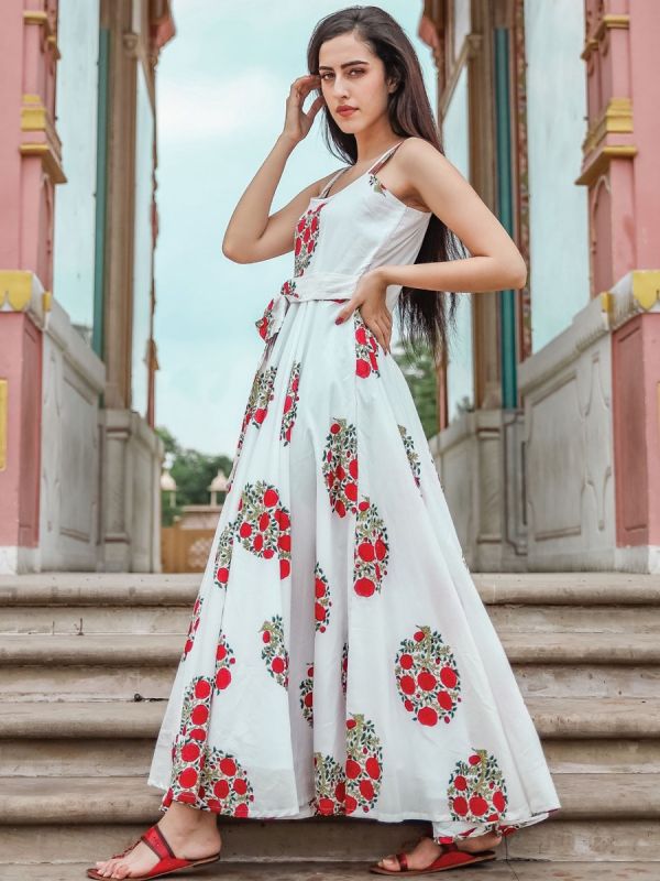 White Block Printed Gown For Womens In Cotton