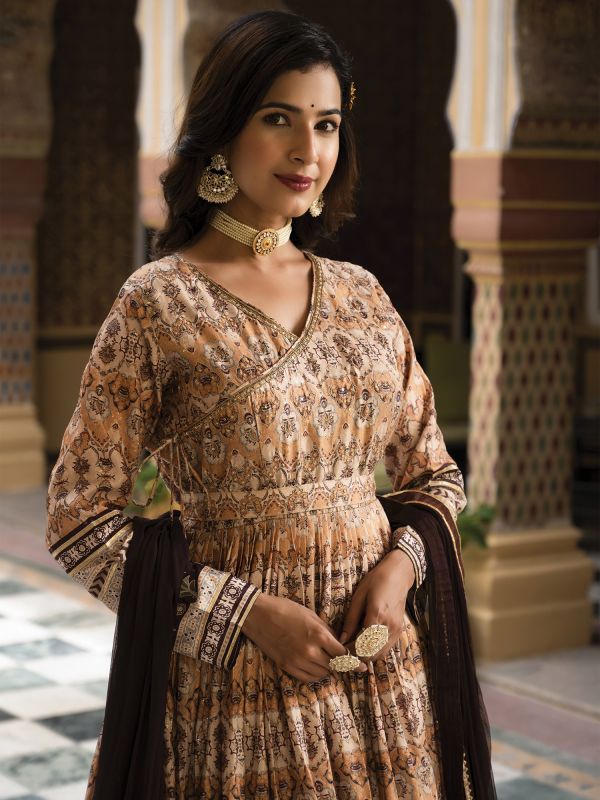 Brown Digital Printed Anarkali Suit In Dola Silk