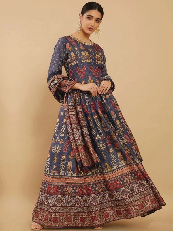 Blue Printed Readymade Anarkali Suit In Dola Silk