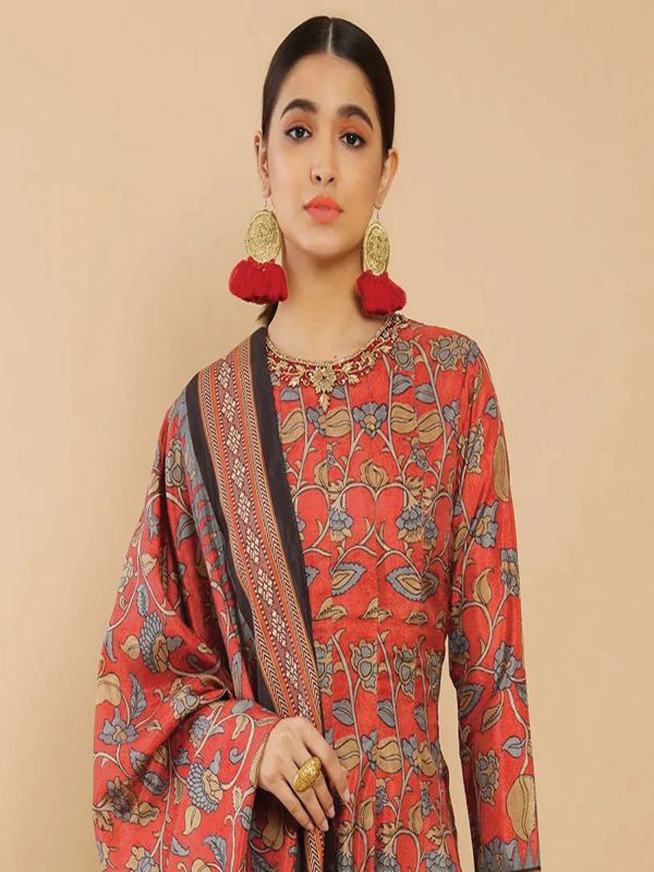 Red Readymade Anarkali Suit In Floral Print