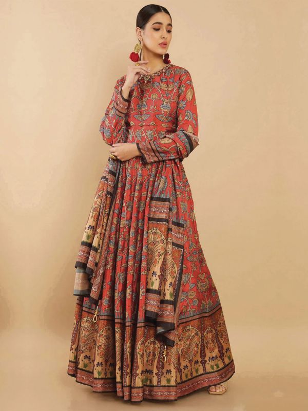 Red Readymade Anarkali Suit In Floral Print