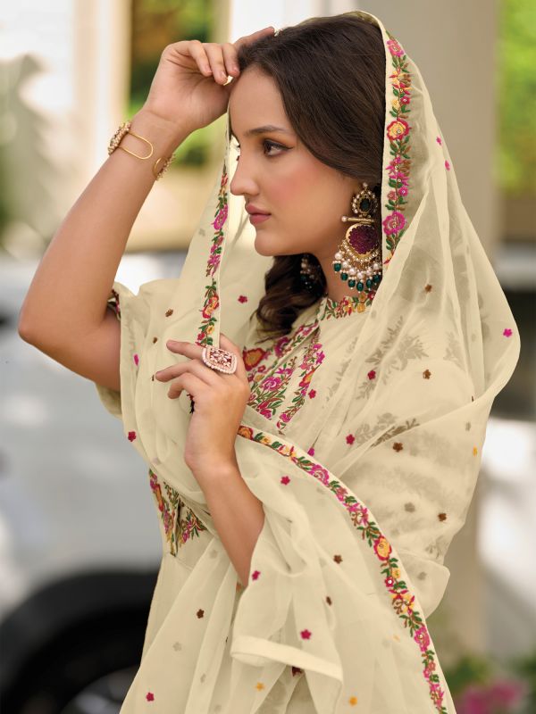Cream Floral Thread Work Pant Style Salwar Suit
