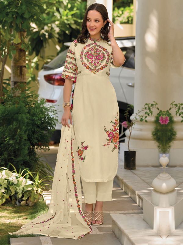 Cream Floral Thread Work Pant Style Salwar Suit