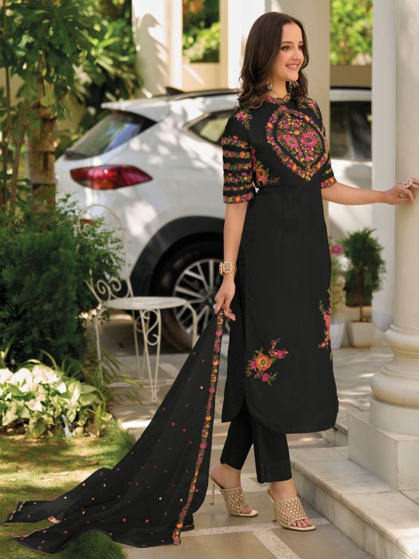 Black Pant Style Readymade Salwar Suit In Thread Work