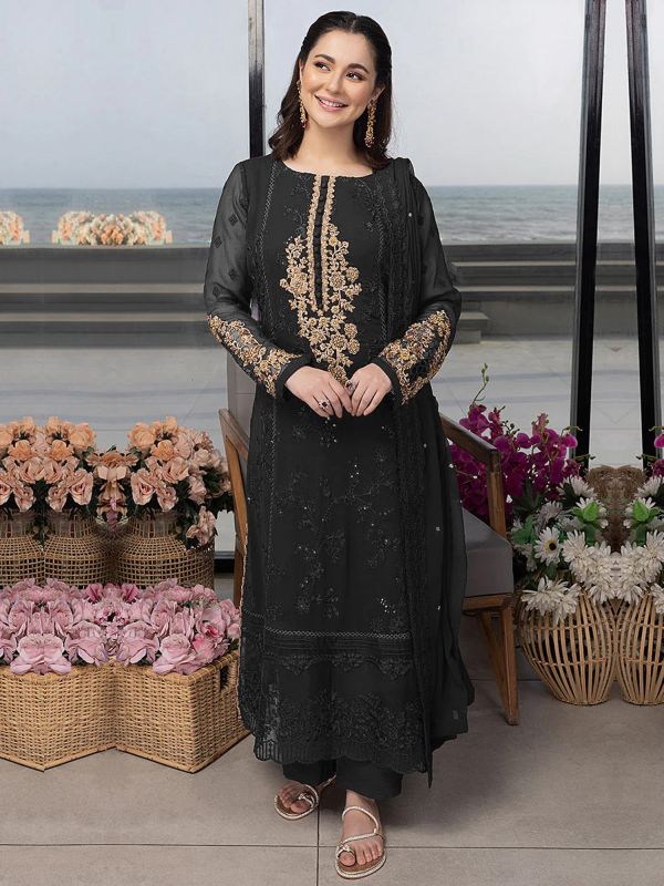 Black Stone Augmented Salwar Suit In Palazzo Style