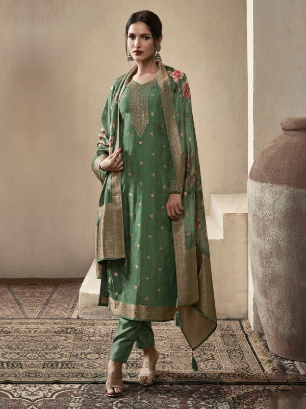 Green Pant Salwar Suit With Printed Dupatta