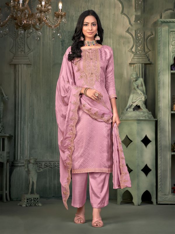 Pink Zari Embellished Salwar Suit In Jacquard