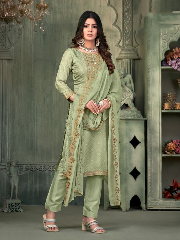 Green Zari Embroidered Pant Style Salwar Suit