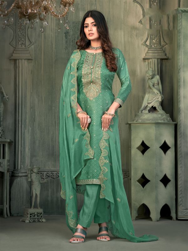 Green Pant Style Salwar Suit With Embroidered Border