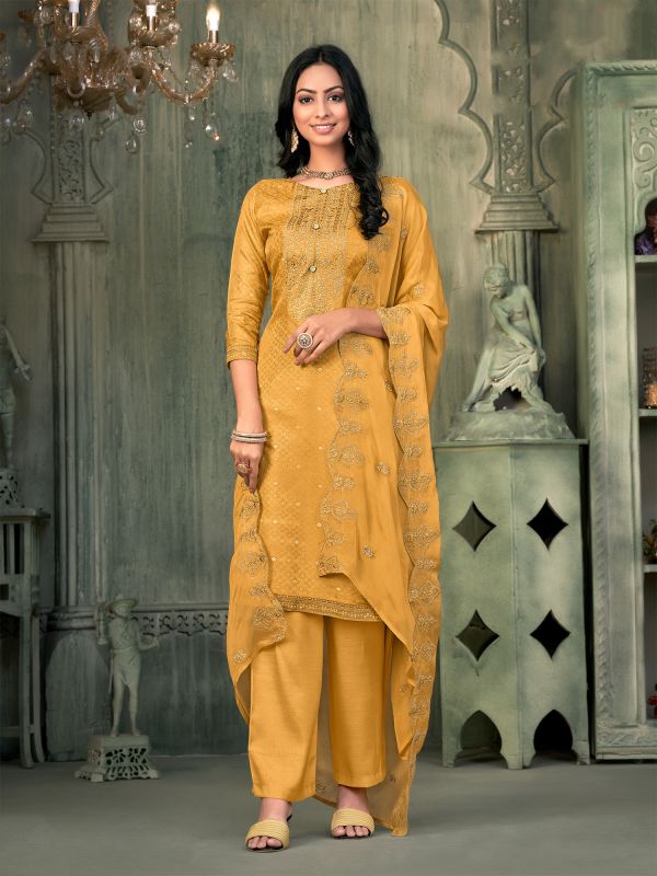 Yellow Jacquard Salwar Kameez In Zari Border