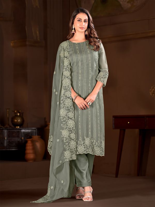 Grey Sequin Embellished Pant Style Salwar Suit