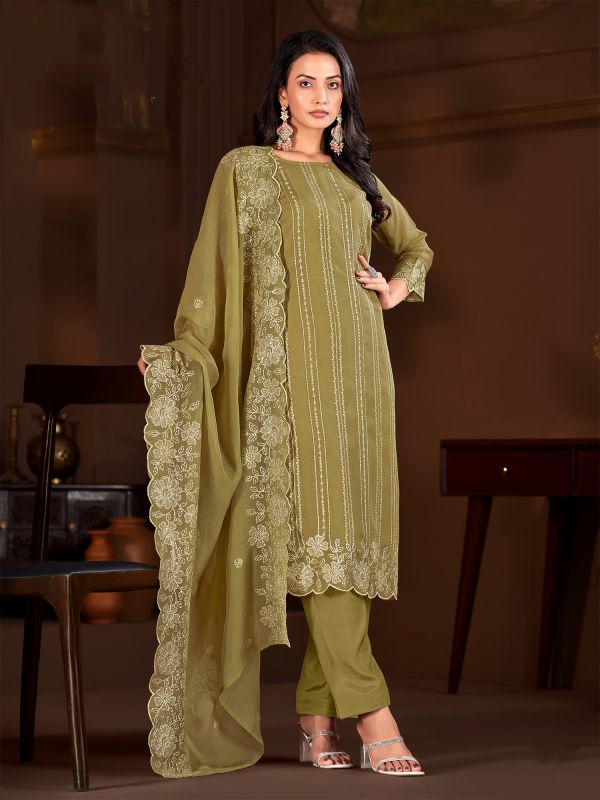 Green Thread Work Salwar Suit In Pant Style