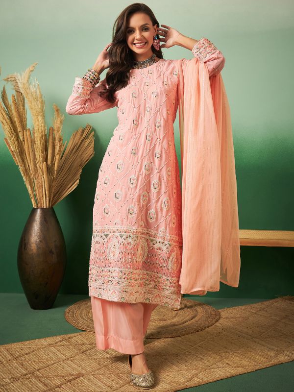 Peach Sequin Embroidered Palazzo Style Salwar Suit