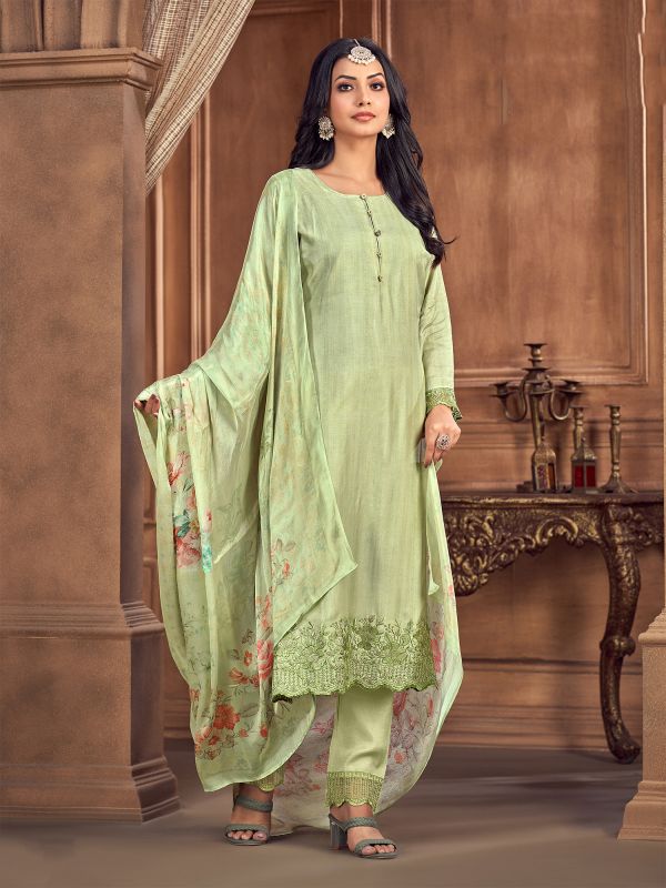 Green Pant Style Salwar With Printed Dupatta