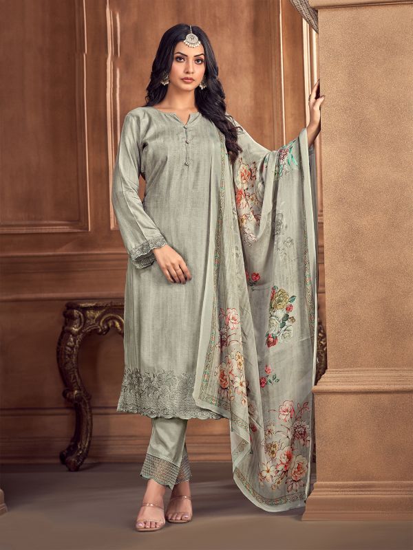Grey Thread Embroidered Border Salwar Suit Set