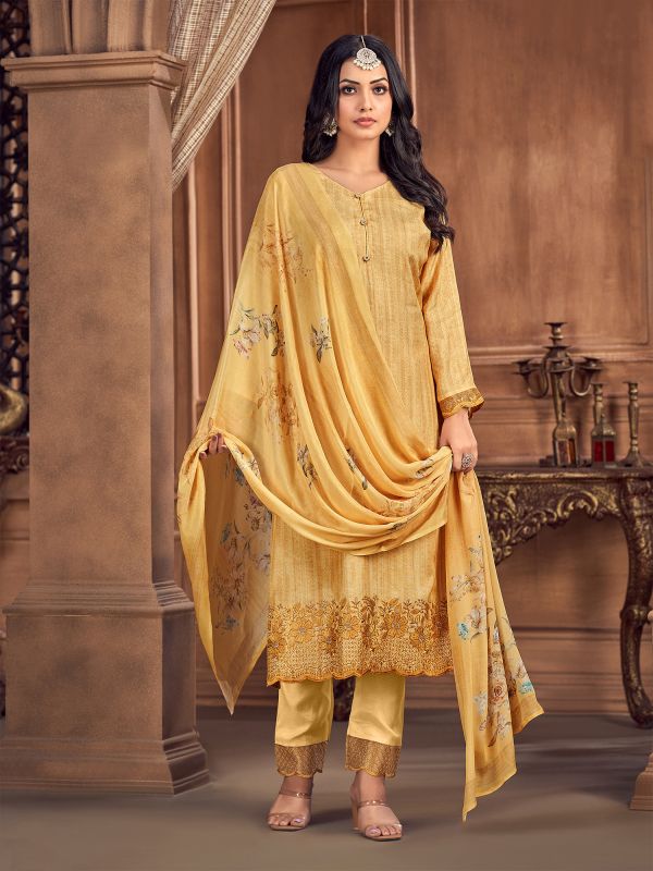 Golden Silk Salwar Suit With Floral Printed Dupatta