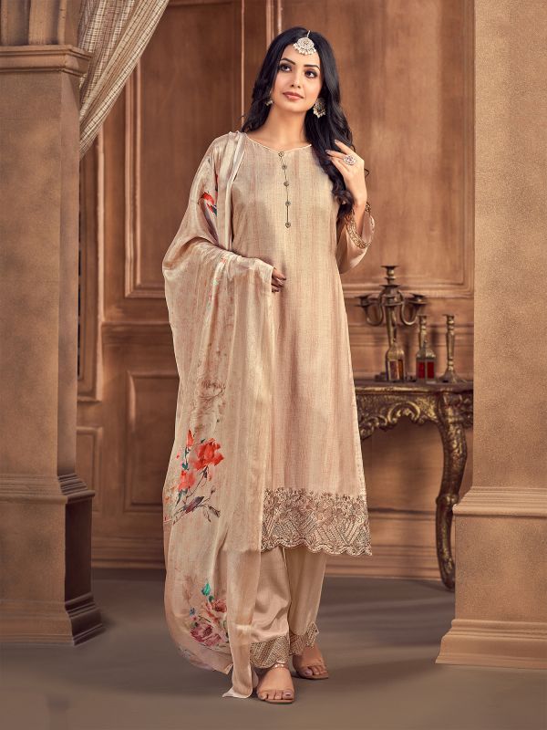 Beige Sequins Embellishment Borders Pant Salwar Suit