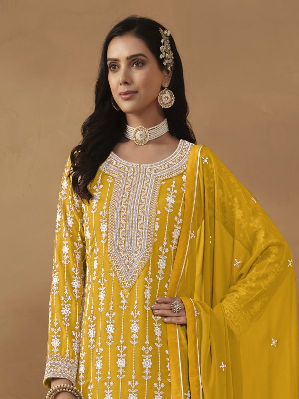 Yellow Sharara Style Salwar Suit In Thread Embroidery