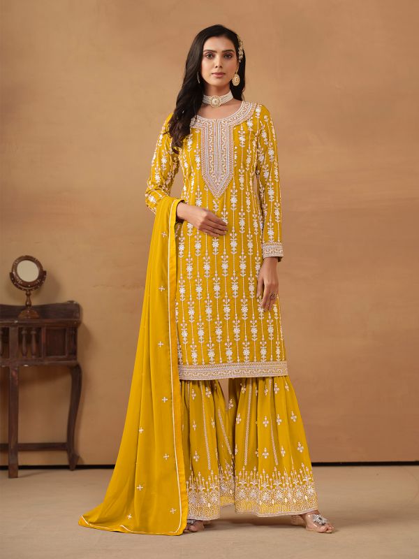 Yellow Sharara Style Salwar Suit In Thread Embroidery