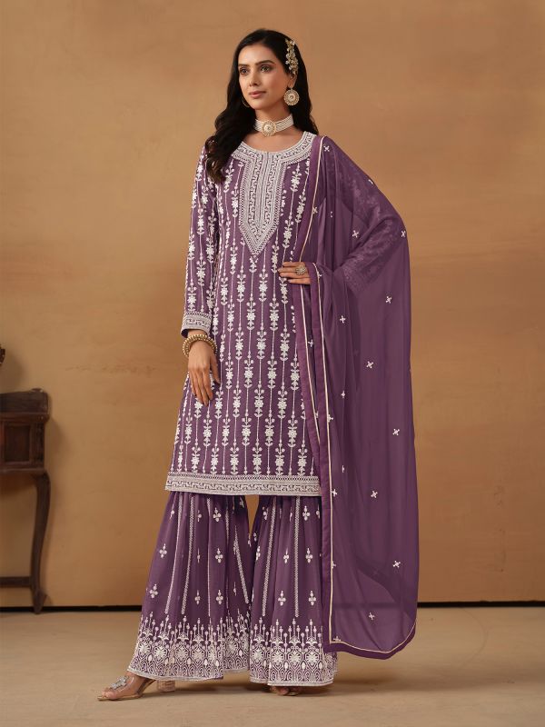 Mauve Georgette Sharara Style Kameez In Thread Work