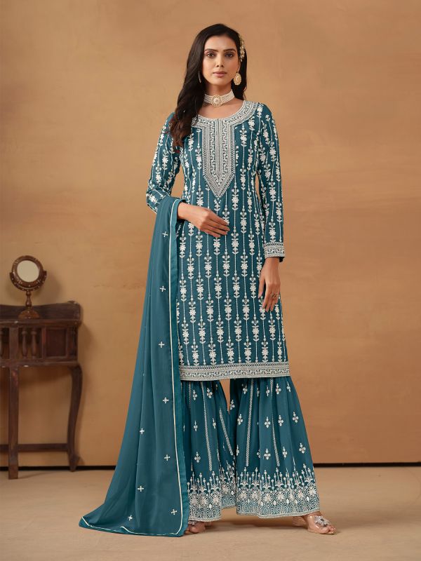 Blue Thread Embellished Salwar Suit In Sharara Style