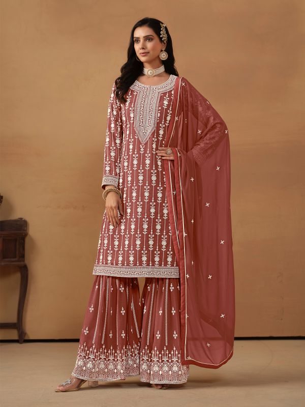 Mauve Thread Work Sharara Salwar Suit In Georgette