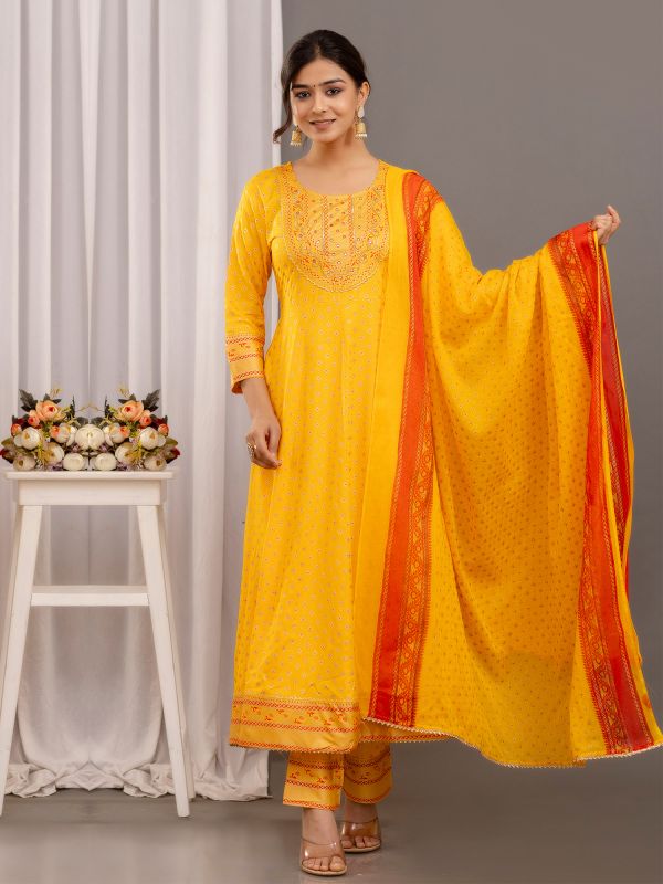 Yellow Cotton Pant Style Salwar Suit In Print