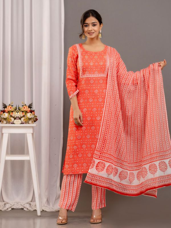 Orange Cotton Pant Salwar Suit With Dupatta