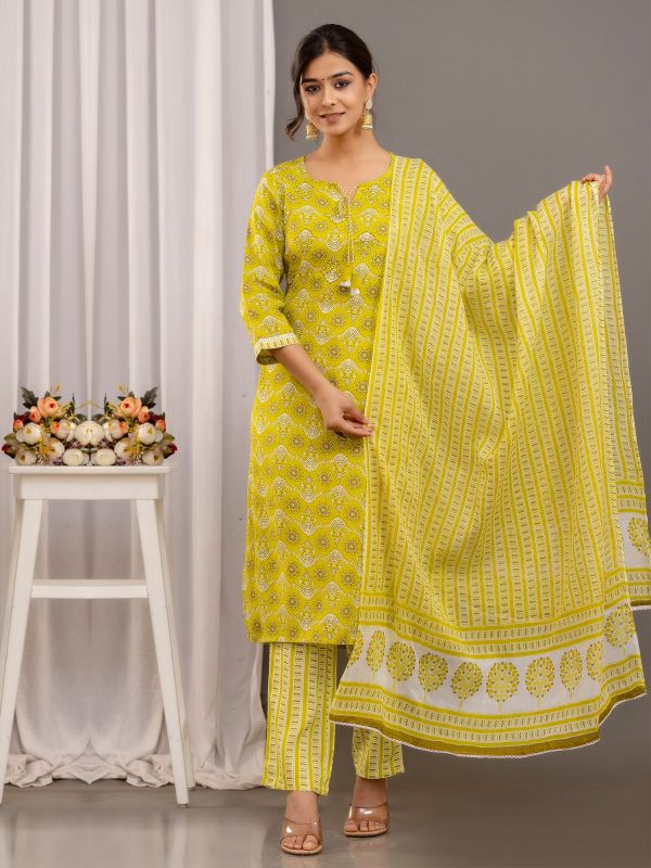 Yellow Printed Pant Style Salwar Suit In Cotton 