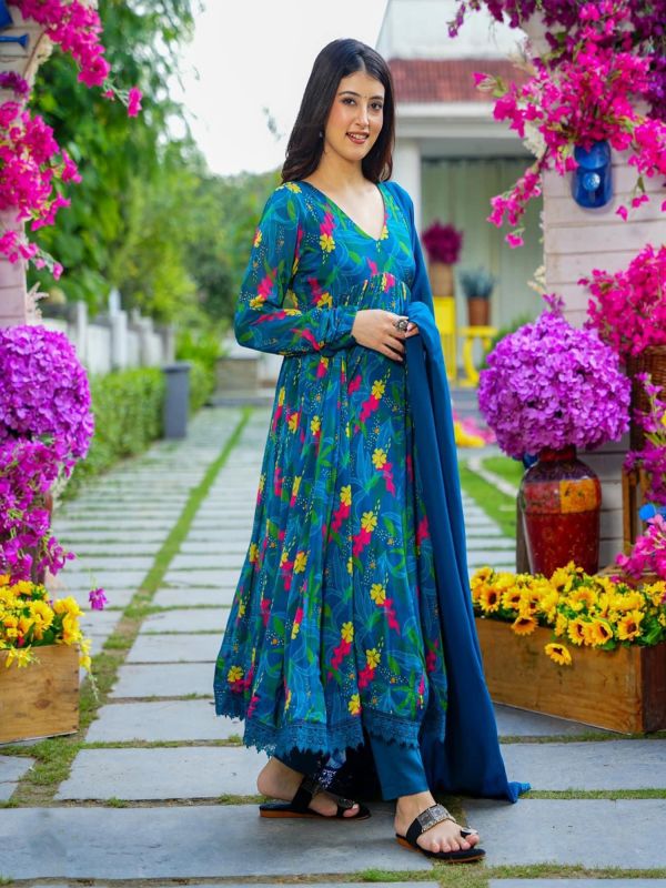 Deep Blue Floral Printed Readymade Anarkali Suit
