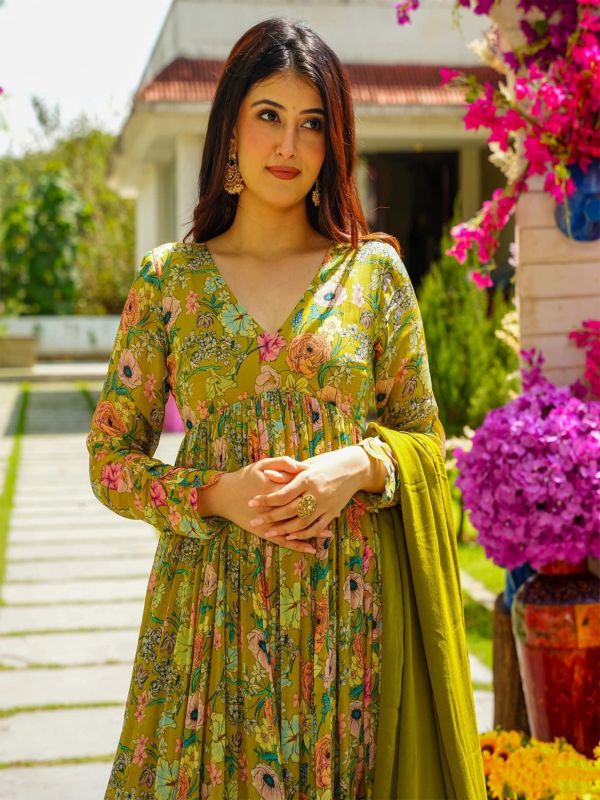 Mehandi Green Anarkali Salwar Suit In Floral Print