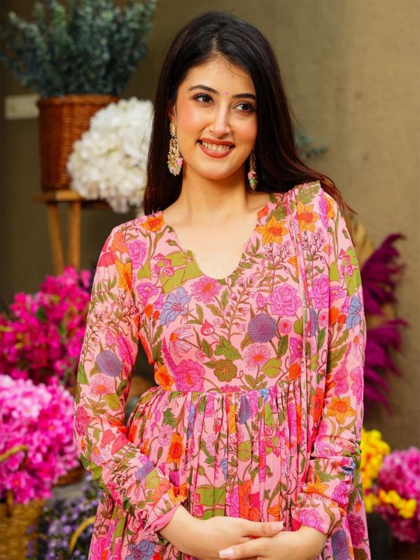 Pink Readymade Salwar Kameez In Floral Print