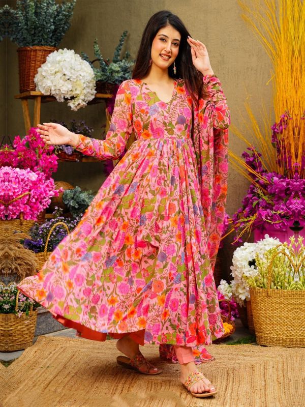 Pink Readymade Salwar Kameez In Floral Print