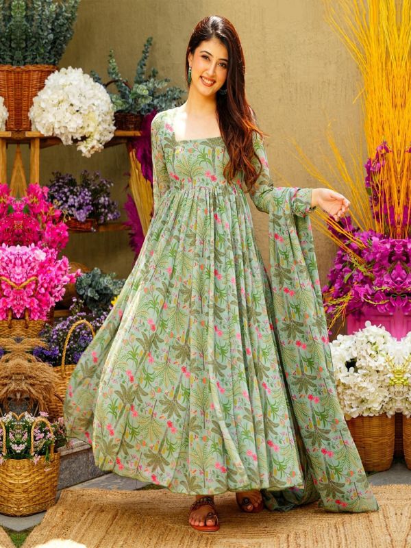 Sage Green Anarkali Style Printed Salwar Kameez