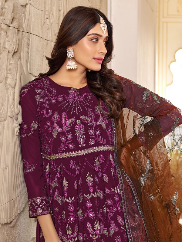 Wine Anarkali Style Embroidered Salwar Suit In Georgette