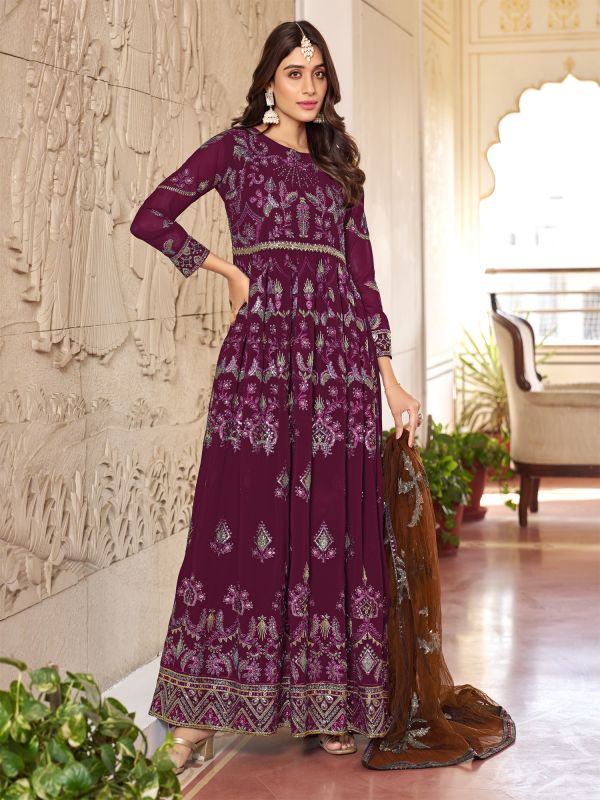 Wine Anarkali Style Embroidered Salwar Suit In Georgette