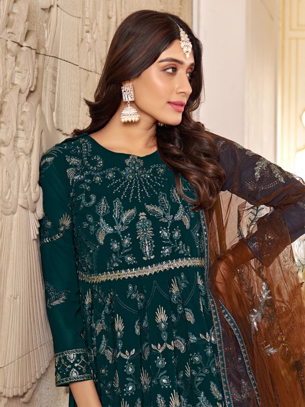 Dark Green Thread Embroidered Georegette Anarkali Suit