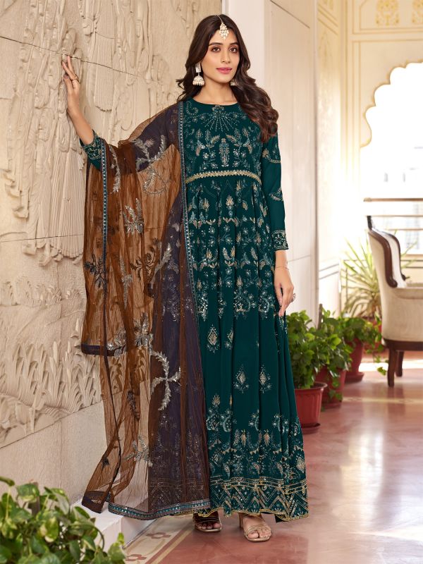 Dark Green Thread Embroidered Georegette Anarkali Suit