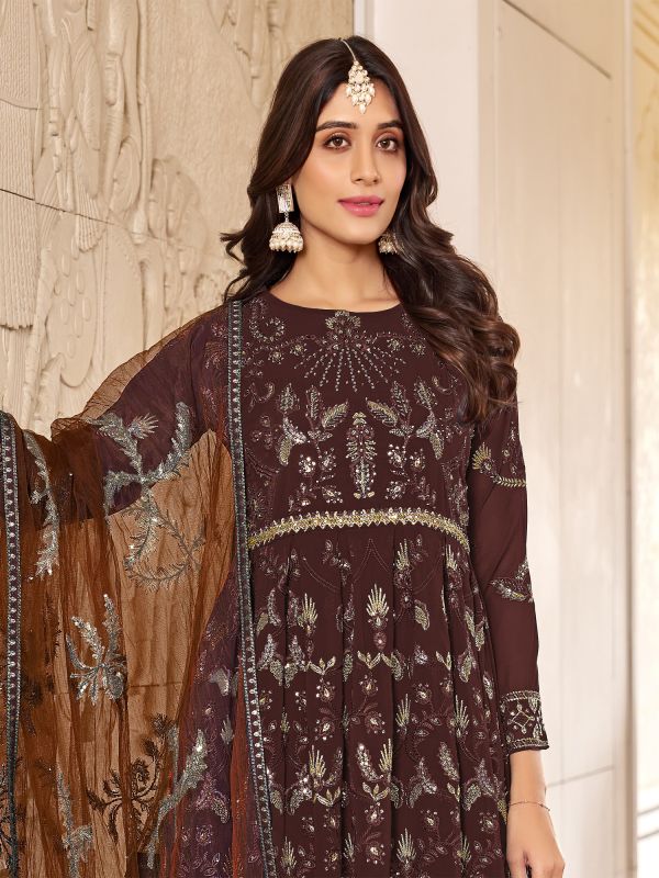 Brown Georgette Festive Salwar Suit In Anarkali Style