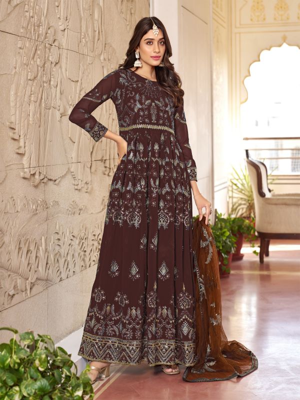 Brown Georgette Festive Salwar Suit In Anarkali Style