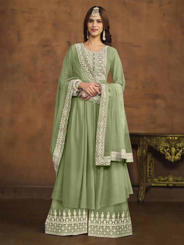 Olive Green Thread Embroidered Salwar Kameez With Palazzo