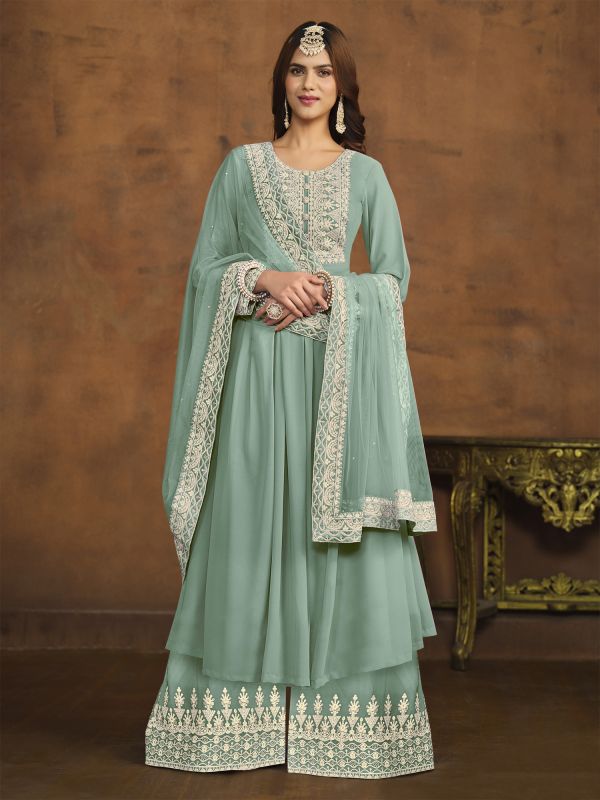 Mint Green Palazzo Styled Salwar Suit In Georgette