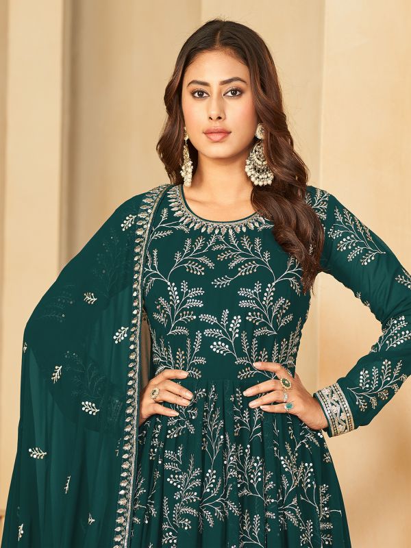 Rama Green Floral Zari Work Floor Length Salwar Suit