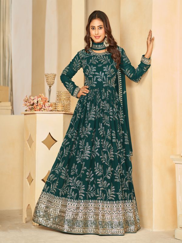 Rama Green Floral Zari Work Floor Length Salwar Suit